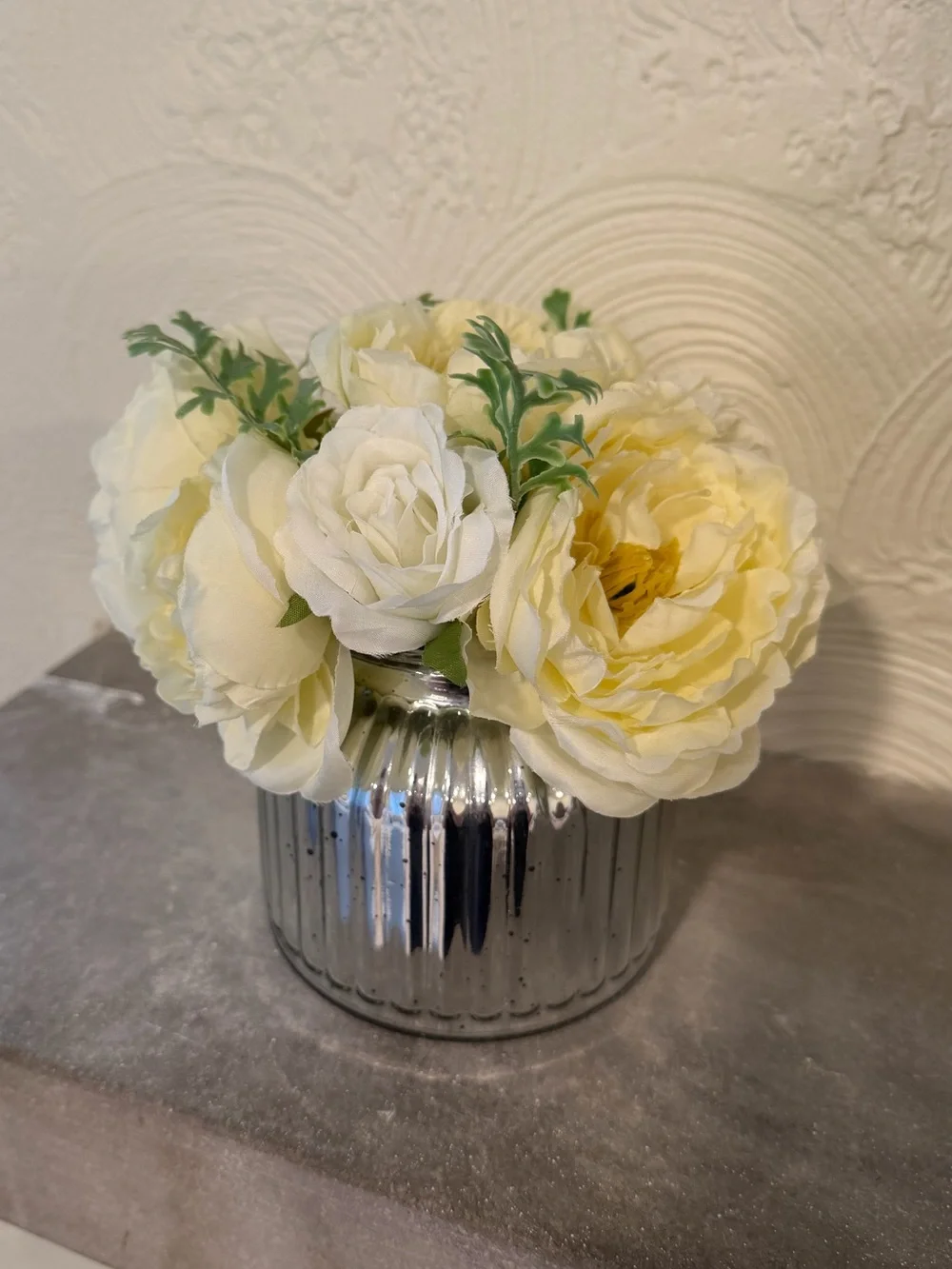 Cream/Ivory Artificial Peony & Rose Floral Arrangement in Silver Ribbed Vase